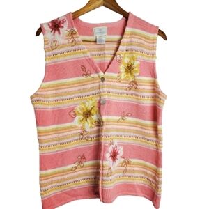 Susan Bristol Vintage 90s Pink Yellow Knit Floral Embroidered Sweater Vest Large